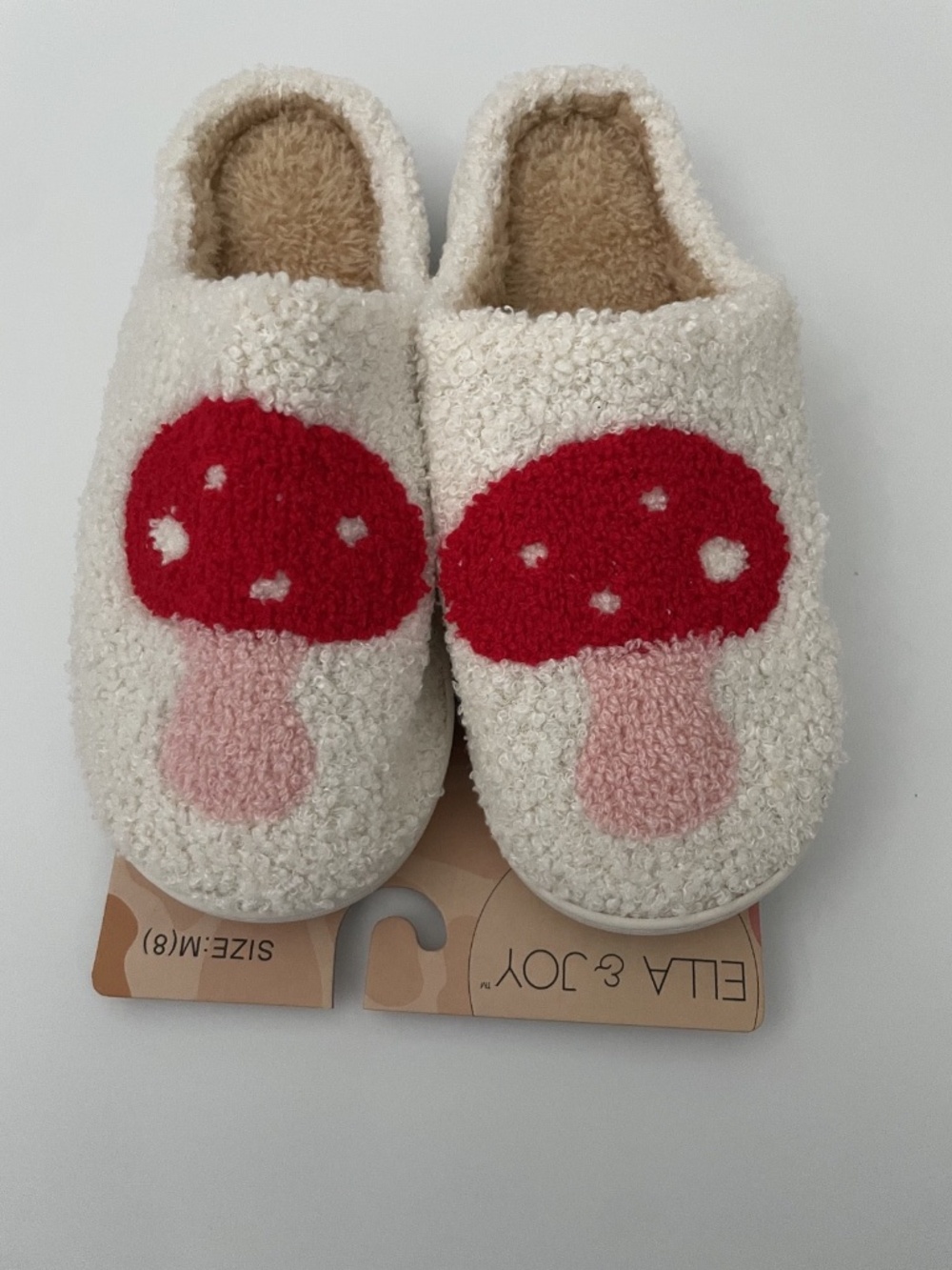 New - Ella & Joy Women's Slippers White w/Red Mushrooms Slip On Cozy Size M (8)